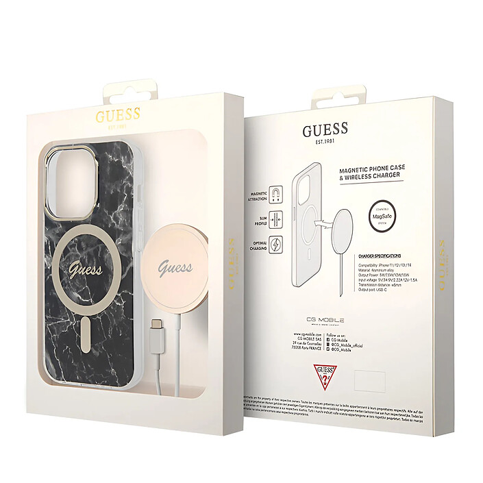 Guess Bundle Coque pour iPhone 14 Pro Max Motif Marbré et Chargeur Sans Fil Qi Magsafe Noir pas cher