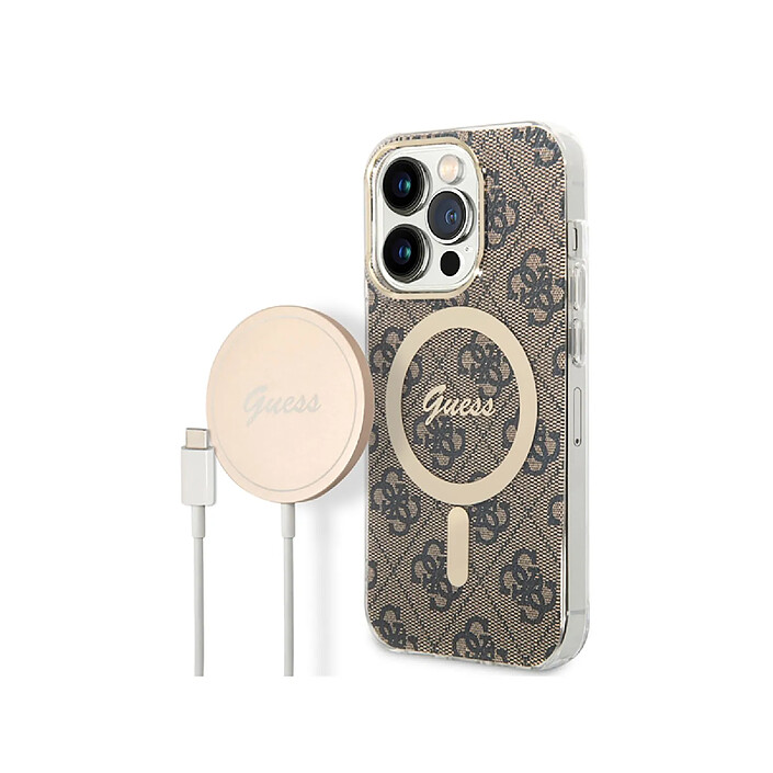 Guess Bundle Coque pour iPhone 14 Pro Magsafe 4G et Chargeur Sans Fil Qi Magsafe 15W Marron
