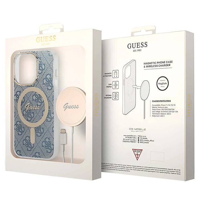 Guess Bundle Coque pour iPhone 14 Pro Magsafe 4G et Chargeur Sans Fil Qi Magsafe 15W Bleu pas cher