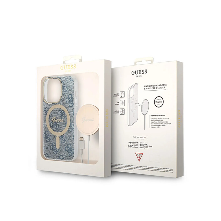 Avis Guess Bundle Coque pour iPhone 14 Pro Magsafe 4G et Chargeur Sans Fil Qi Magsafe 15W Bleu
