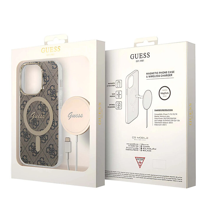 Guess Bundle Coque pour iPhone 14 Pro Magsafe 4G et Chargeur Sans Fil Qi Magsafe 15W Marron pas cher