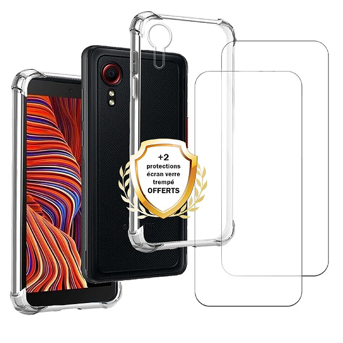 Evetane Coque Samsung Galaxy Xcover 5 Antichoc coins renforces Silicone + 2 Vitres en verre trempe Protection ecran