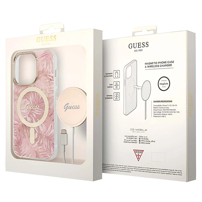 Guess Bundle Coque pour iPhone 14 Pro Max Motif Jungle et Chargeur Sans Fil Qi MagSafe Rose pas cher
