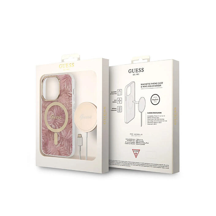 Avis Guess Bundle Coque pour iPhone 14 Pro Max Motif Jungle et Chargeur Sans Fil Qi MagSafe Rose
