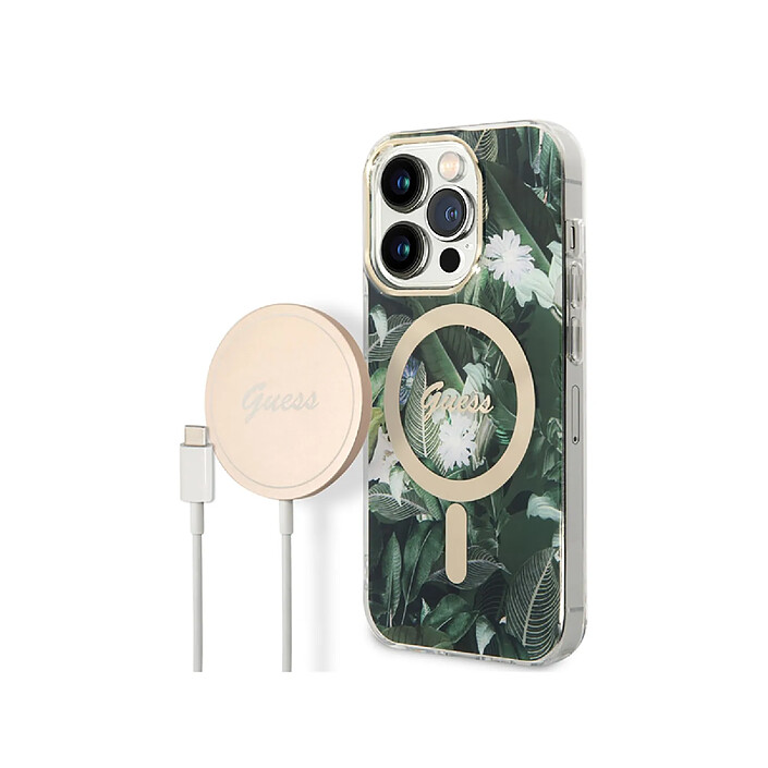 Guess Bundle Coque pour iPhone 14 Pro Motif Jungle et Chargeur Sans Fil Qi MagSafe 15W Kaki