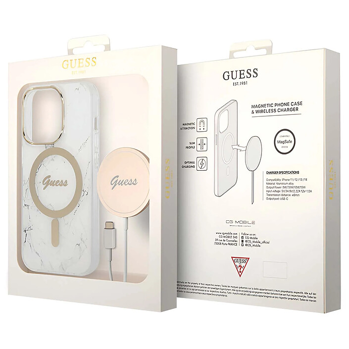 Guess Bundle Coque pour iPhone 14 Pro Motif Marbré et Chargeur Sans Fil Qi Magsafe 15W Blanc pas cher