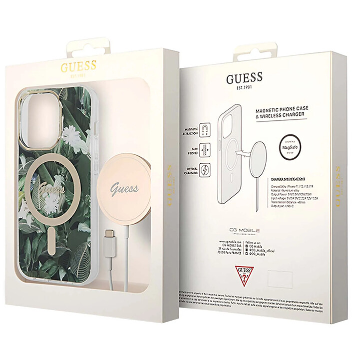 Guess Bundle Coque pour iPhone 14 Pro Max Motif Jungle et Chargeur Sans Fil Qi MagSafe Kaki pas cher