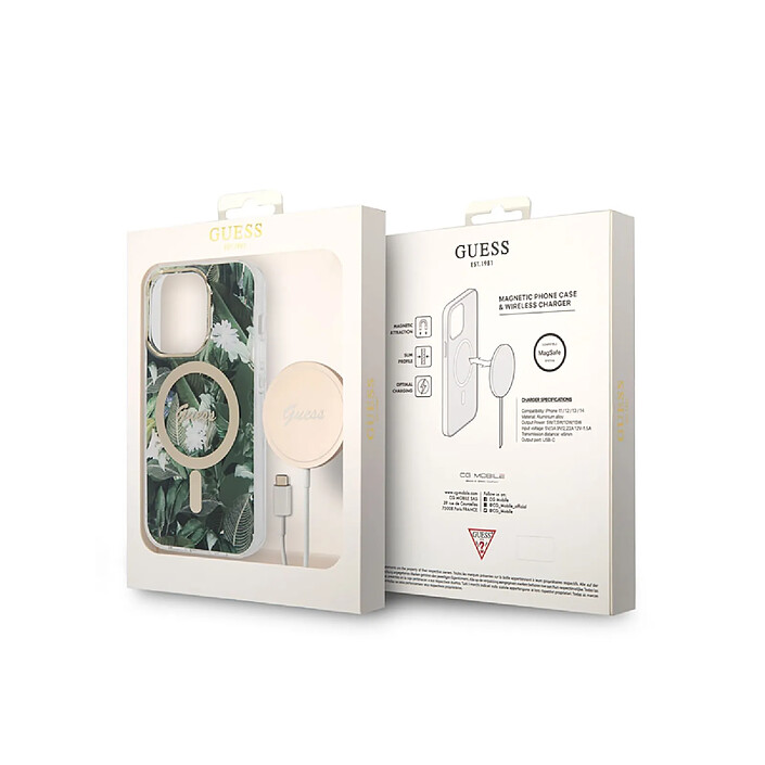 Avis Guess Bundle Coque pour iPhone 14 Pro Motif Jungle et Chargeur Sans Fil Qi MagSafe 15W Kaki