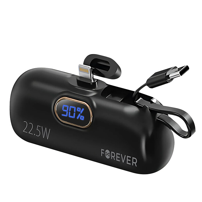 Forever Batterie Externe 5000mAh Connecteur Lightning + Câble USB C intégré Noir