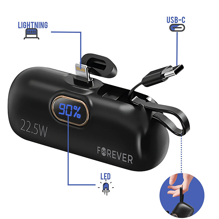 Forever Batterie Externe 5000mAh Connecteur Lightning + Câble USB C intégré Noir pas cher