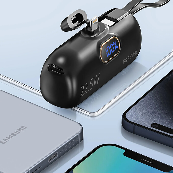 Avis Forever Batterie Externe 5000mAh Connecteur Lightning + Câble USB C intégré Noir