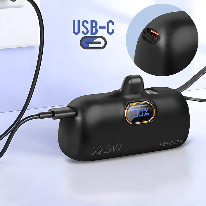 Acheter Forever Batterie Externe 5000mAh Connecteur Lightning + Câble USB C intégré Noir
