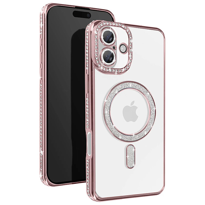 Avizar Coque Diamant pour iiPhone 16 Protection MagSafe Contour Strass Rose champagne