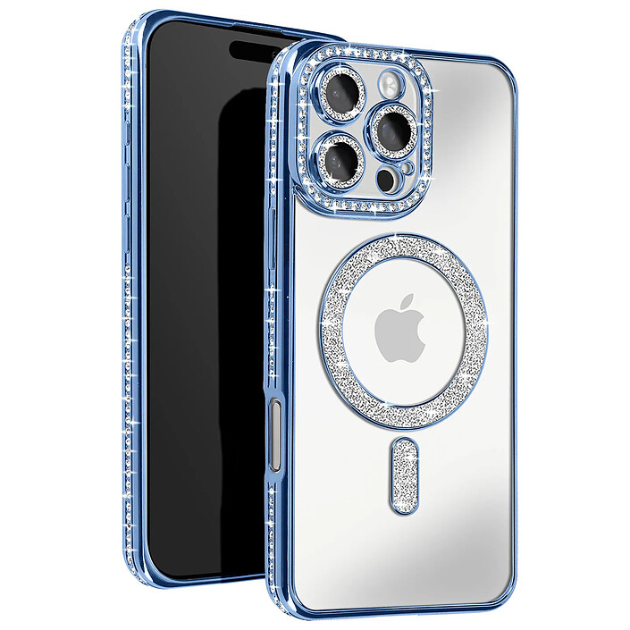 Avizar Coque Diamant pour iiPhone 16 Pro Protection MagSafe Contour Strass Bleu clair