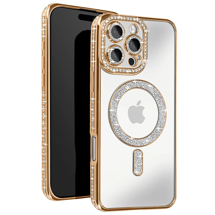 Avizar Coque Diamant pour iiPhone 16 Pro Protection MagSafe Contour Strass Dorée