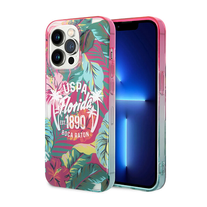Avis U.S Polo Coque pour iPhone 14 Pro Max Motifs Floraux USPA Florida EST.1890 BOCA RATON Multicolore