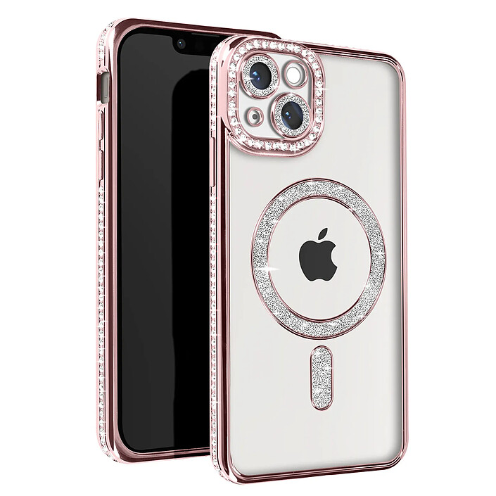 Avizar Coque Diamant pour iPhone 13 Protection MagSafe Contour Strass Rose champagne