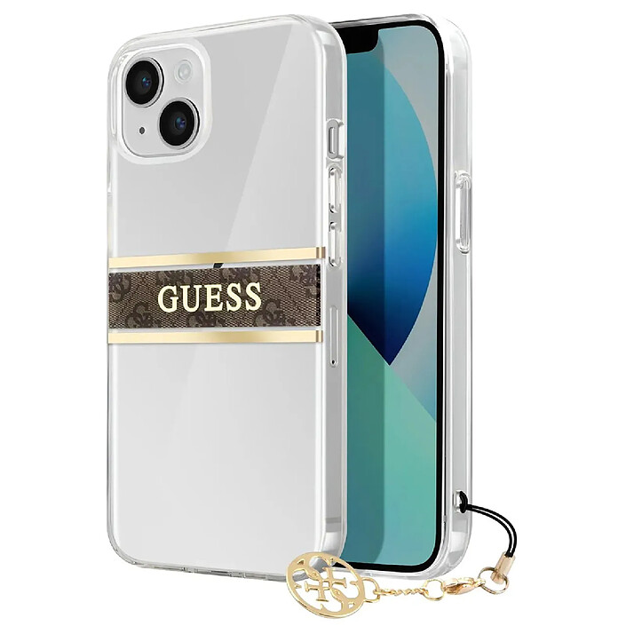 Guess Coque pour Apple iPhone 13 Mini Stripe Charm avec breloque Marron