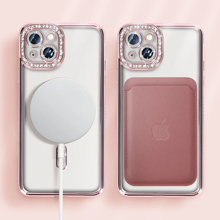 Avizar Coque Diamant pour iPhone 13 Protection MagSafe Contour Strass Rose champagne pas cher