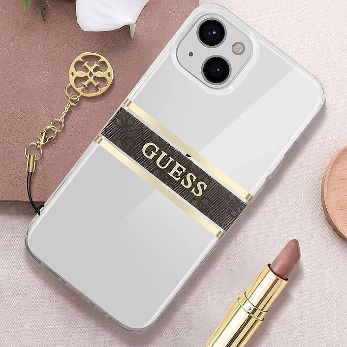 Avis Guess Coque pour Apple iPhone 13 Mini Stripe Charm avec breloque Marron