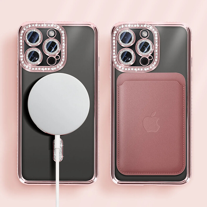 Avizar Coque Diamant pour iPhone 15 Pro Max Protection MagSafe Contour Strass Rose champagne pas cher
