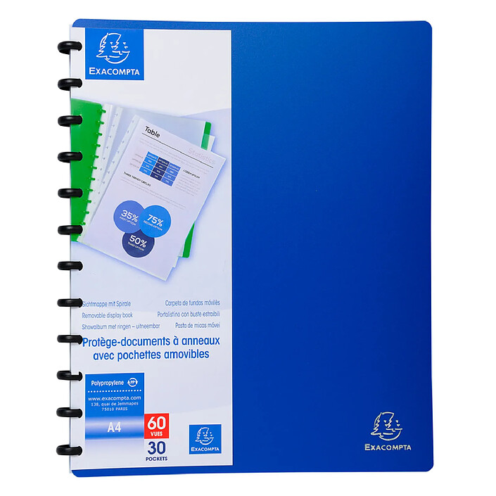 EXACOMPTA Protège-documents à anneaux et pochettes détachables 60 vues A4 Bleu x 4