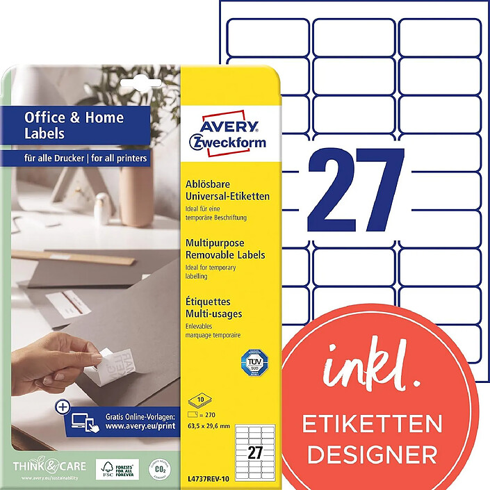 AVERY Paquet de 270 Etiquettes Stick+Lift Repositionnables 63,5 x 29,6 mm sur 10 feuilles Blanc