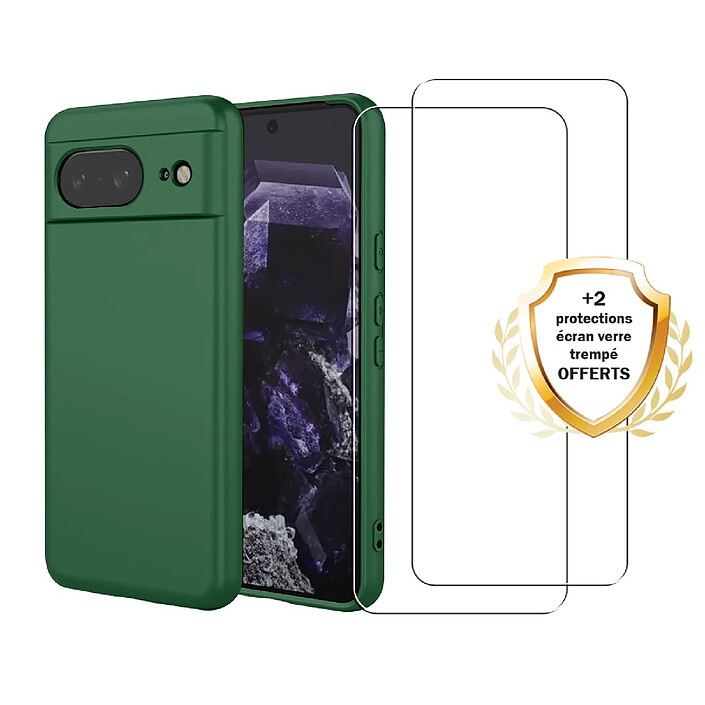 Evetane Coque Google Pixel 8 Silicone liquide Vert Foret + 2 Vitres en Verre trempe Protection ecran Antichocs