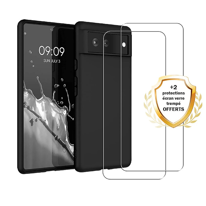 Evetane Coque Google Pixel 6 Silicone liquide Noire + 2 Vitres en Verre trempe Protection ecran Antichocs