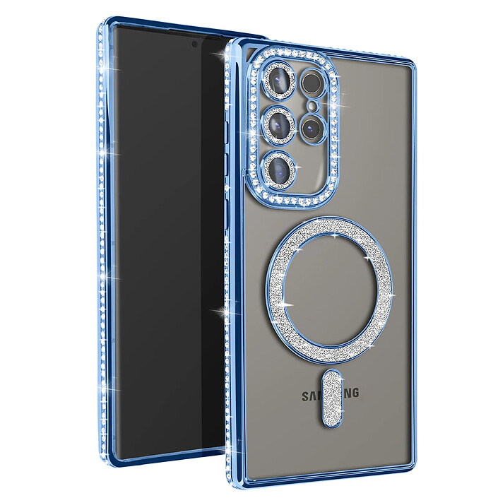 Avizar Coque Diamant pour Samsung Galaxy S24 Ultra MagSafe Contour Strass Bleu clair