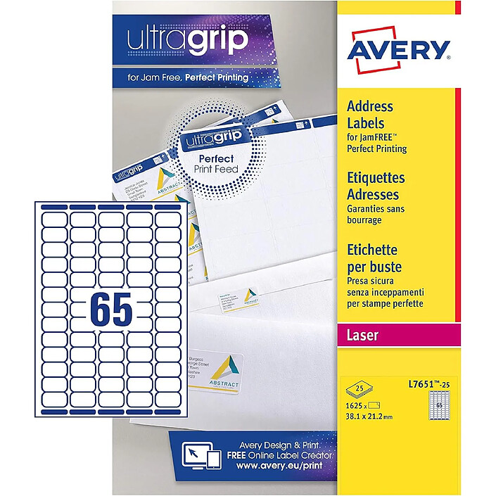 AVERY Boîte de 1625 étiquettes laser blanc 38,1X21,2 L7651-25