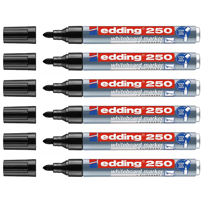 EDDING Marqueur pour Tableaux blancs 250 Noir Corps Alu Pointe Ronde 1,5-3 mm x 6