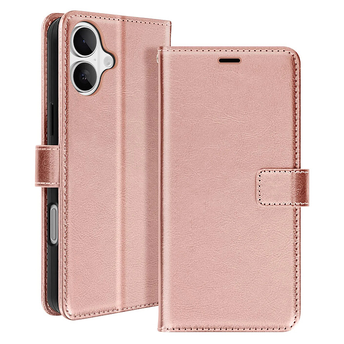 Mayaxess Étui pour iPhone 16 Plus Portefeuille avec Dragonne Rose champagne