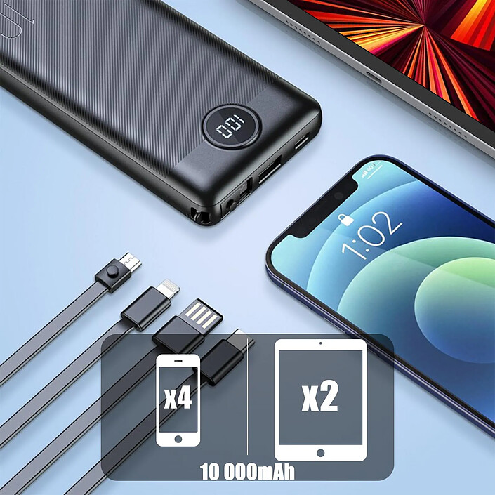 Avis VEGER - VEGER - Batterie externe avec écran LCD - Capacité 10000mAh - Câbles intégrés - Entrées 1xCable USB-A. 1xPuerto USB-C - Charge 4 dispositifs à