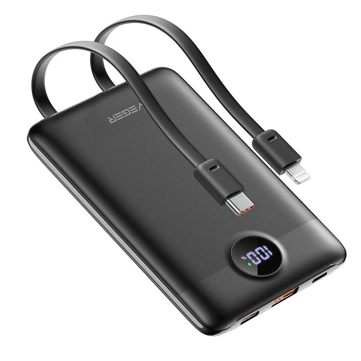VEGER - VEGER - Batterie externe avec écran LCD - Capacité 10000mAh(38.5 Wh) - Chargement rapide PD22.5W | Câbles intégrés - Entrées 1x P. Câble Light