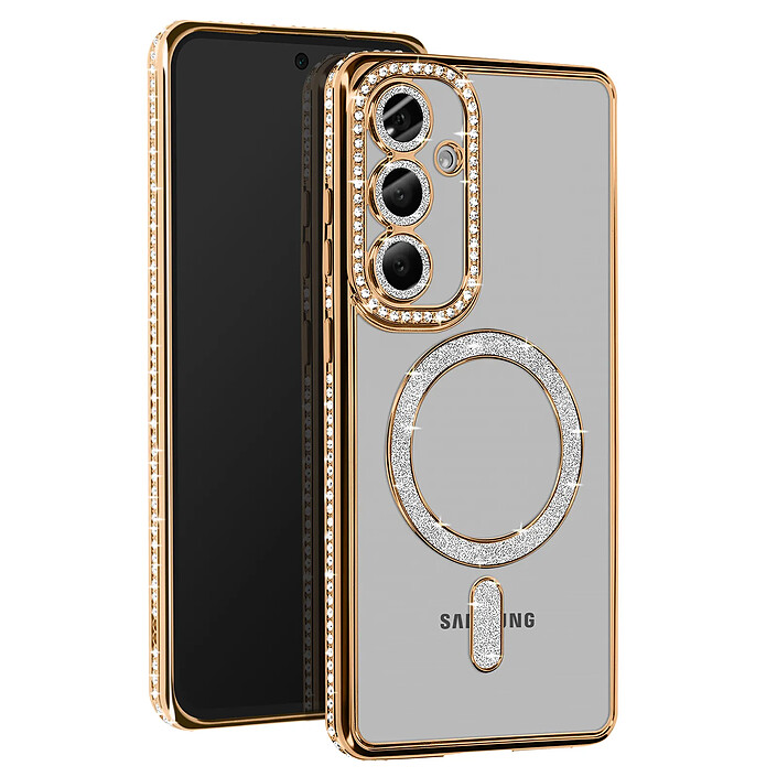 Avizar Coque Diamant pour Samsung Galaxy S24 FE MagSafe Contour Strass Dorée