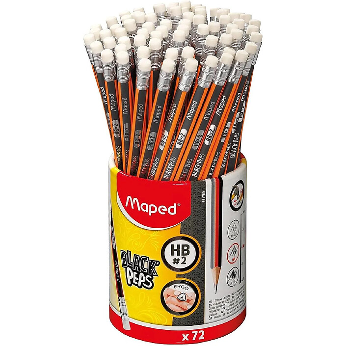 MAPED Pot de 72 Crayons BLACK'PEPS HB Bout Gomme