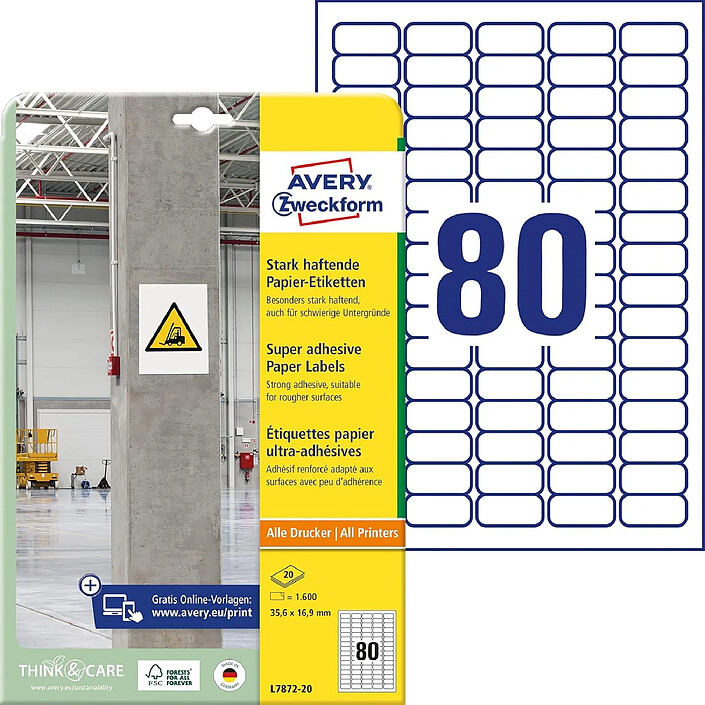 AVERY Etui 1600 Etiquettes papier, ultra-adhésif 35,6x16,9mm Blanc