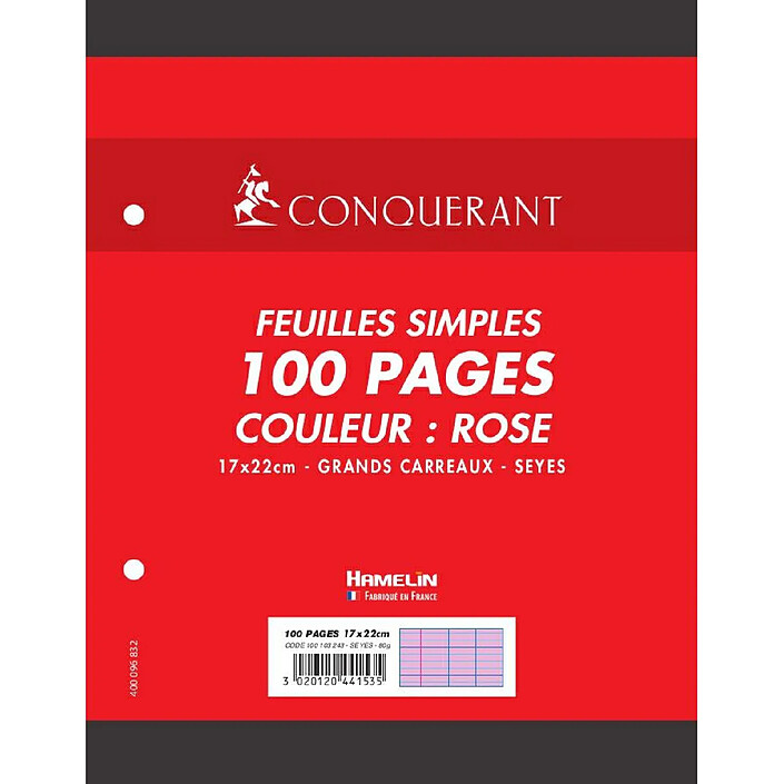 CONQUÉRANT Feuillets mobiles 17x22cm 100p 80g rose x 10