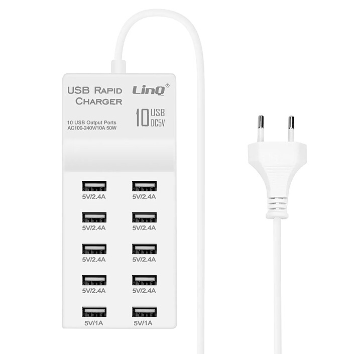 LinQ Chargeur Secteur USB 10 Ports 50W Recharge Rapide Blanc