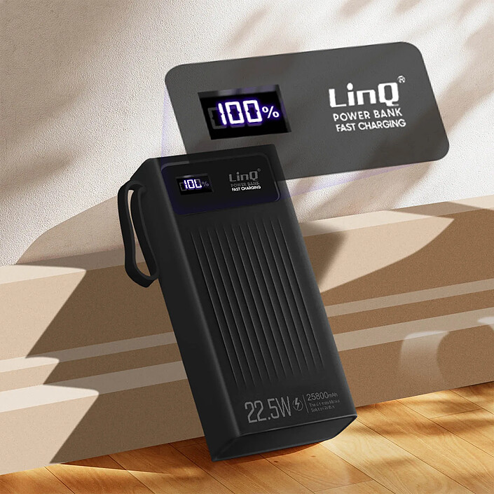 LinQ Batterie Secours 25800mAh Câble 4 en 1 Port USB 22.5W et USB C 20W Noir pas cher