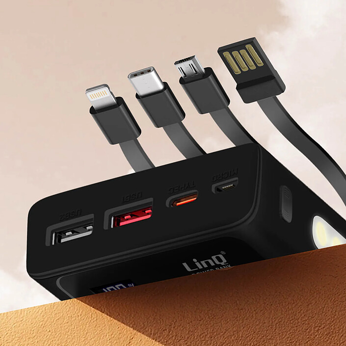 Avis LinQ Batterie Secours 25800mAh Câble 4 en 1 Port USB 22.5W et USB C 20W Noir