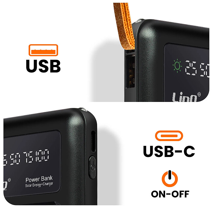 Acheter LinQ Batterie Secours Solaire 15000mAh Câble Micro USB Lightning USB C USB Noir