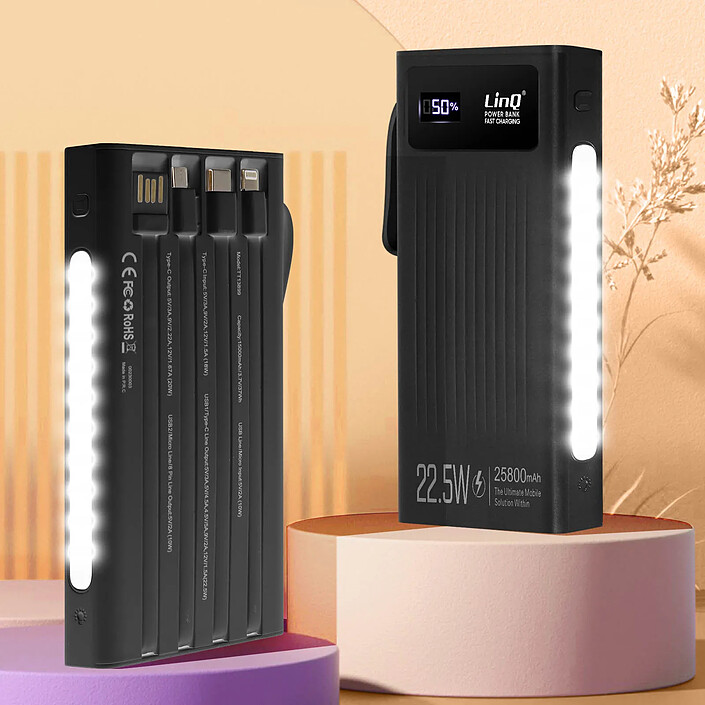 Acheter LinQ Batterie Secours 25800mAh Câble 4 en 1 Port USB 22.5W et USB C 20W Noir