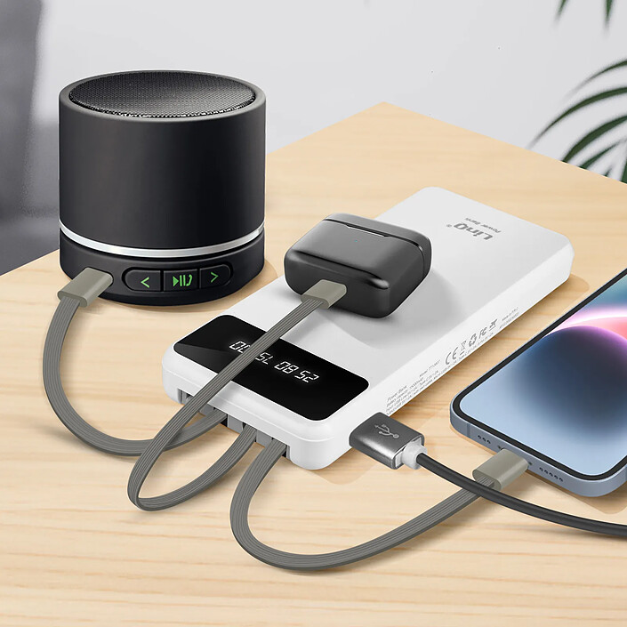 Acheter LinQ Batterie Secours 15000mAh Câble 4 en 1 Amovible et Sortie USB Compact Blanc