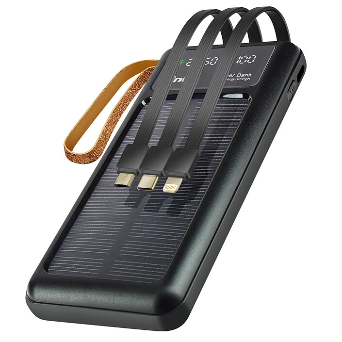 LinQ Batterie Secours Solaire 15000mAh Câble Micro USB Lightning USB C USB Noir