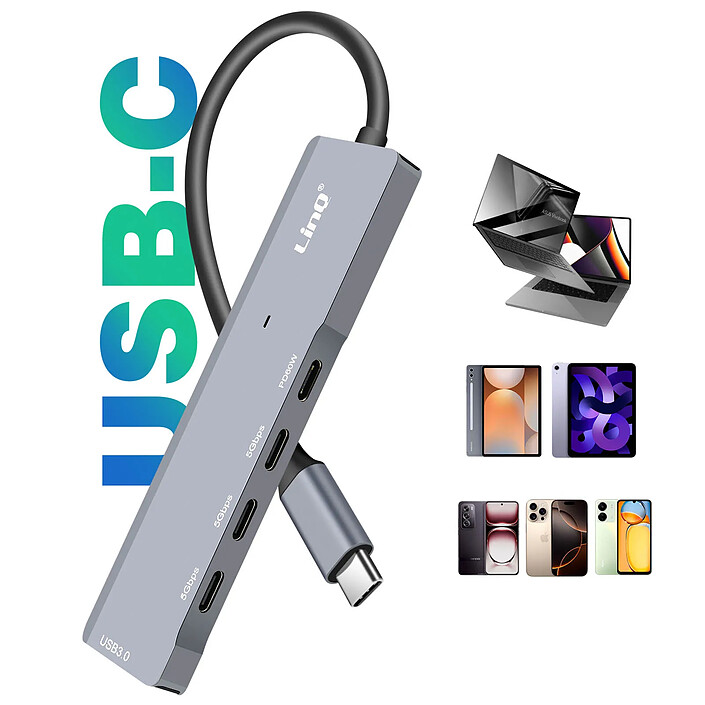 LinQ Hub USB-C OTG vers 3x USB C 5Gbps + USB 3.0 + USB C Power Delivery 60W Noir pas cher