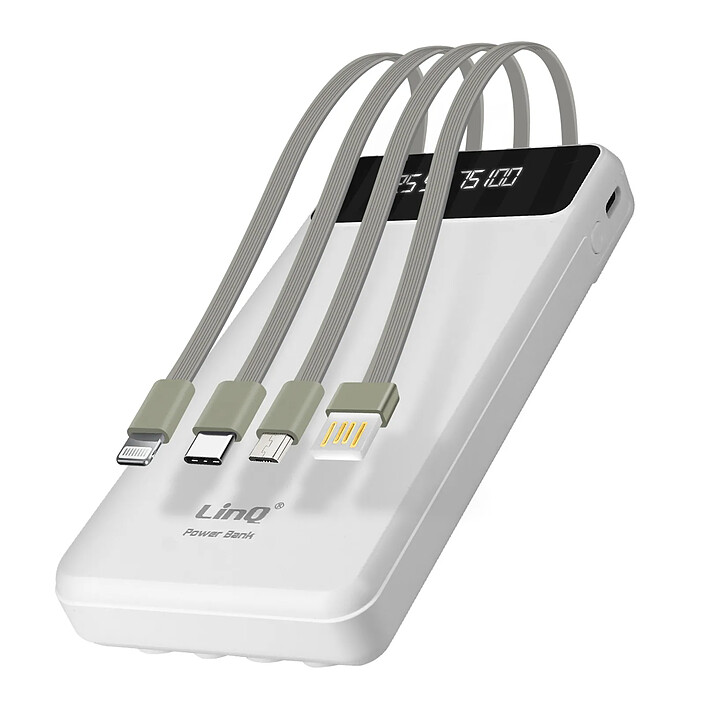 LinQ Batterie Secours 15000mAh Câble 4 en 1 Amovible et Sortie USB Compact Blanc