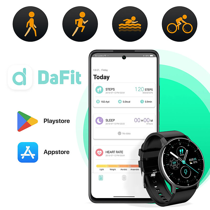 North Edge Montre connectée Tactile Écran rond HD Bracelet en silicone Noir pas cher