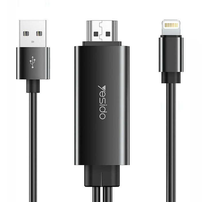 Yesido Câble Lightning vers HDMI 1080p + Interface Charge USB Longueur 1.8m Noir